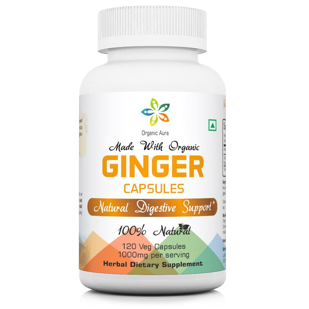 Organske kapsule Aura Ginger - 120 Veg Kapsule. Seveda povečuje prebavo, lajšanje želodčne vstaje in izboljšuje imuniteto. Brez GSO in glutena.