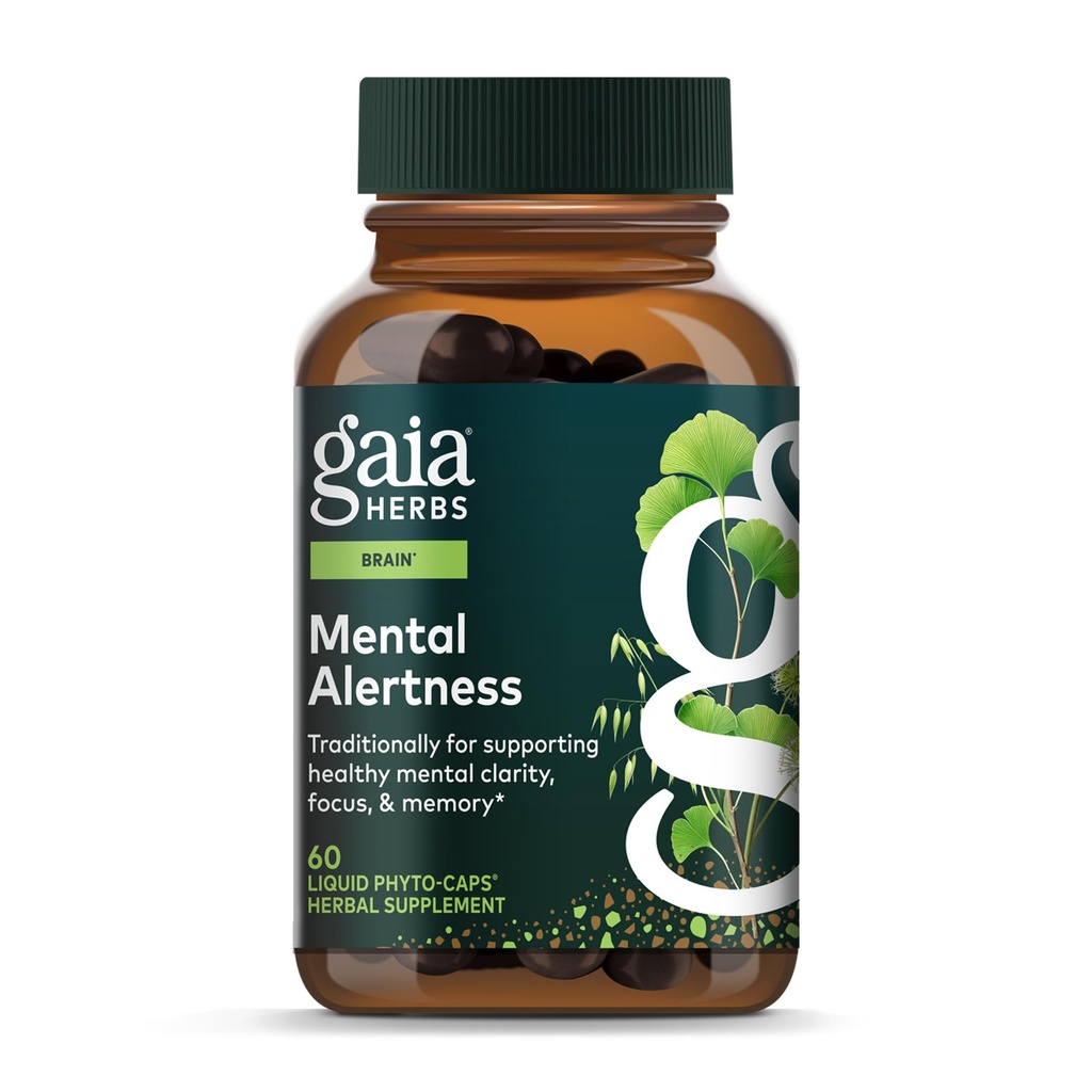 Gaia Herbs Mental Alertness - Brain Support Supplement with Herbs Traditionally Used to Help Support Focus & Memory* - With Eleuthero, Ginkgo Leaf & More - 60 Vegan Liquid Phyto-Capsules (30 Servings)