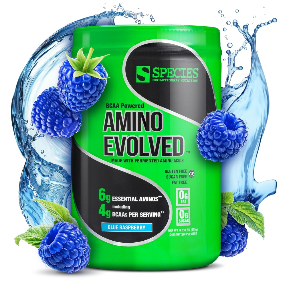Species Nutrition Amino Evolved EAA & BCAA Powder, Fermentirane razvejane verige Aminokisline, okrevanje mišic in vzdržljivost, Pred & Post Workout dodatek (Modra malina, 30 Serving)