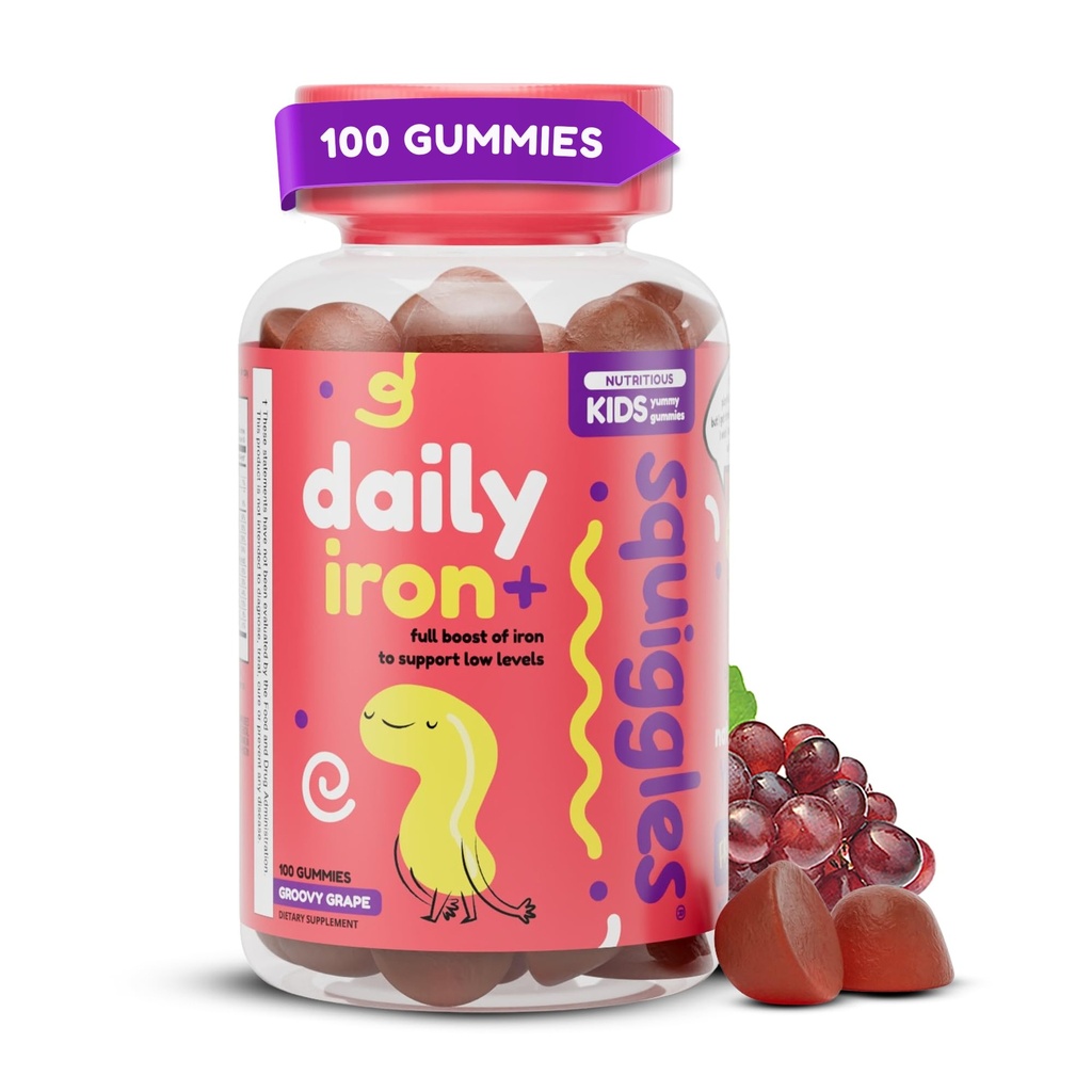 Squiggles Kids Daily Iron+ Gummies - Žvečilni dodatek z železom, Multivitamin za otroke, Nizki sladkor, Vegan, Toddler Gummies, Njumi Grozdni okus (100 grof)