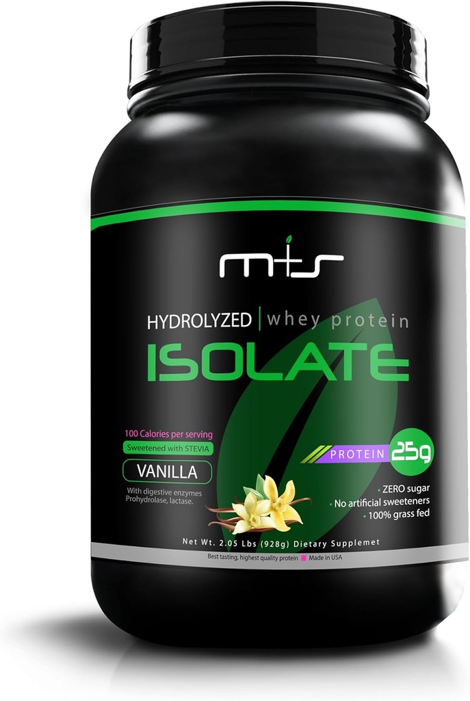 M+S 100% Grass Fed - hidroliziran izolat sirotkinih beljakovin v prahu brez glutena, hitro absorbiranje, enostavno prebavljanje, Stevia sladkana (Vanilla, 2,05 Lb)