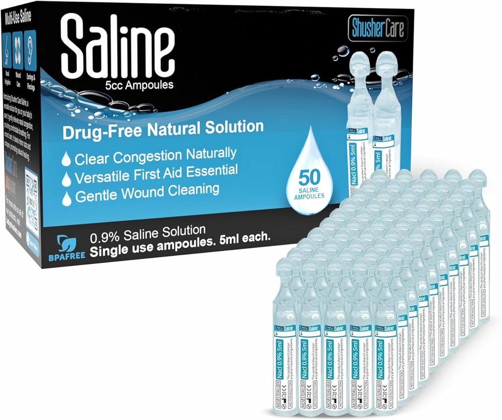 Saline Ampoules - Saline rešitev za nebulator, natrijev klorid 0,9%, čiščenje nosa za dojenčke, otroke, & odrasli, Sterilna Nazal Care, čiščenje ran - 50 Število (5 ml vsak)