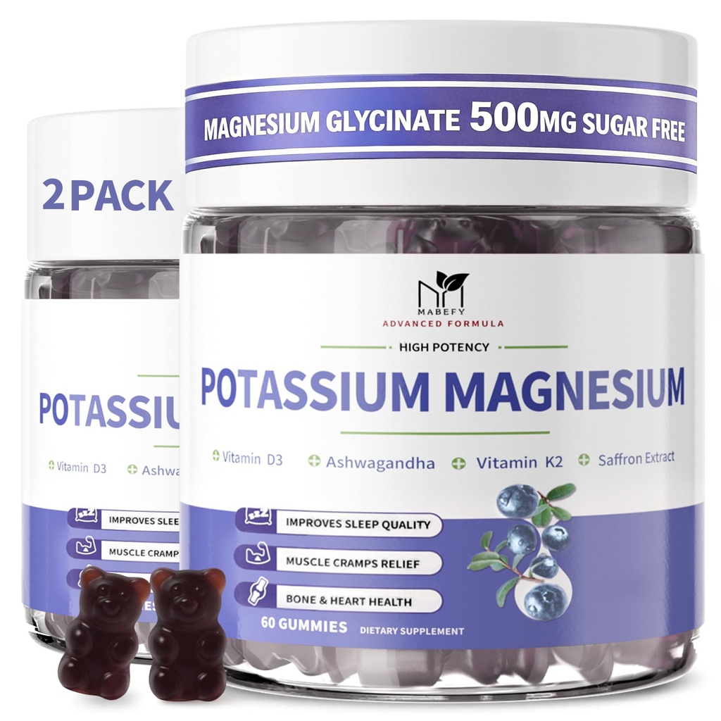 2 Pack Kalijev Magnezij Gumiji, brez sladkorja Kalijev Gumiji z magnezijem Glicinat 500mg Žvečljivi magnezij Kalij Dodatki s kalcij, cink, Vitamin za noge Cramps in mišice