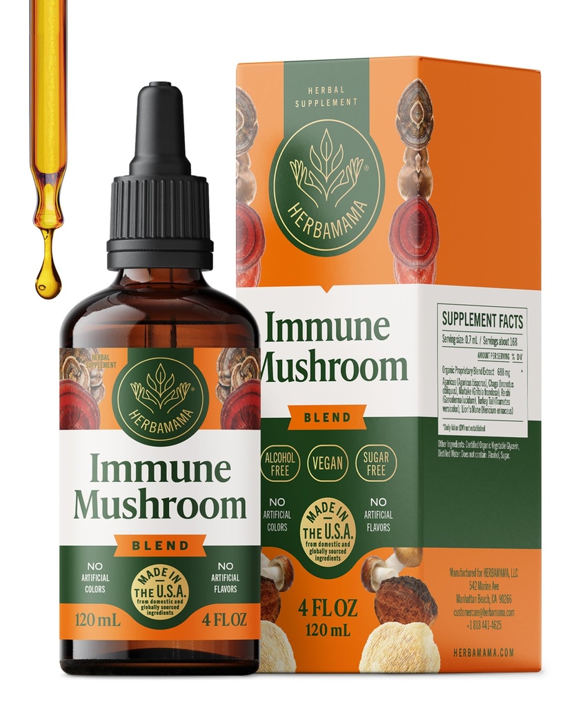 HERBAMA Superimunska goba dodatek - Veganska 8-Mushroom kompleks mešanica z Reishi, Levje Mane, Cordyceps & Chaga Extract - Non-GMO, Alkohol-free, Sugar-free Immunity kapljice, 56-dnevno oskrbo