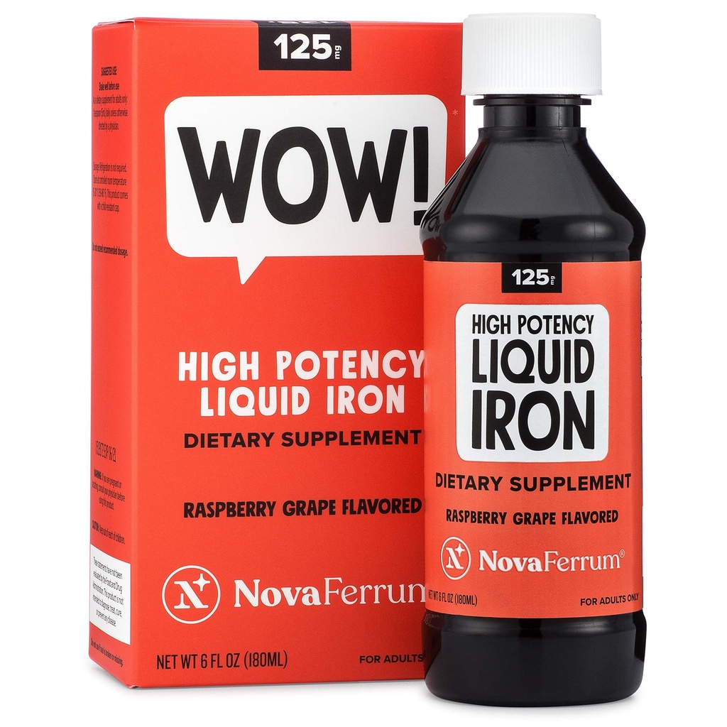NovaFerrum Wow, 125 Visoka moč Tekoči železovi dodatki za odrasle, pomanjkanje železa, 125 mg železa na 5mL odmerek, Vegan preverjen, Gluten prost Certified, sladkor brez
