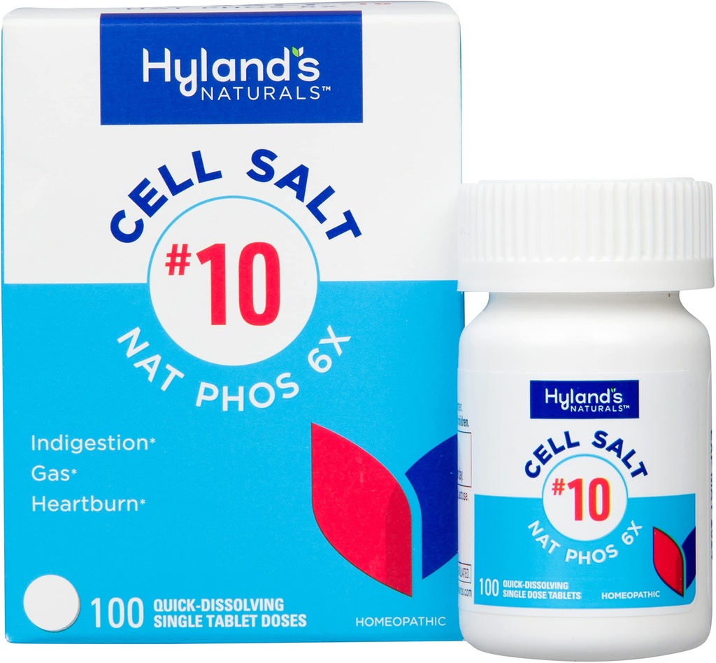 Hyland's No.10 Celična sol NAT Phos 6X tablete, naravno lajšanje zgage, plin, in prebavne motnje, hitro raztopitev tablete, 100 število