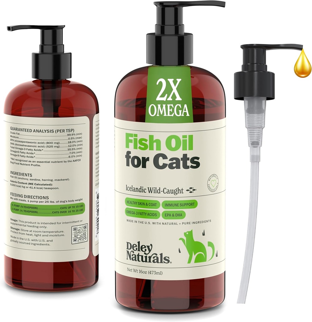 Deley Naturals Divje ujeto ribje olje za mačke z 2X Omega - Cat Fish Oil z najvišjo EPA & DHA Potence - Omega 3 za mačke za skedenj, kožo, plašč, sklepi, srce in imunski sistem - Izdelano v ZDA