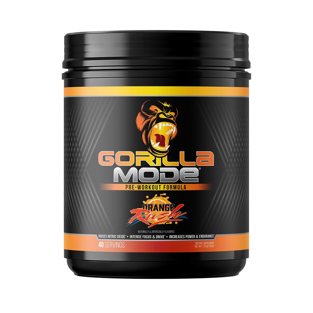 Gorila Mind Pre Workout - Masivne črpalke Laser Focus Energy Power - L-Citrulin, Kreatin, L-Tirozin, Betain, Hydroprime, Alpha-GPC, 400mg kofein, Huperzin A - 796g (Orange Rush)