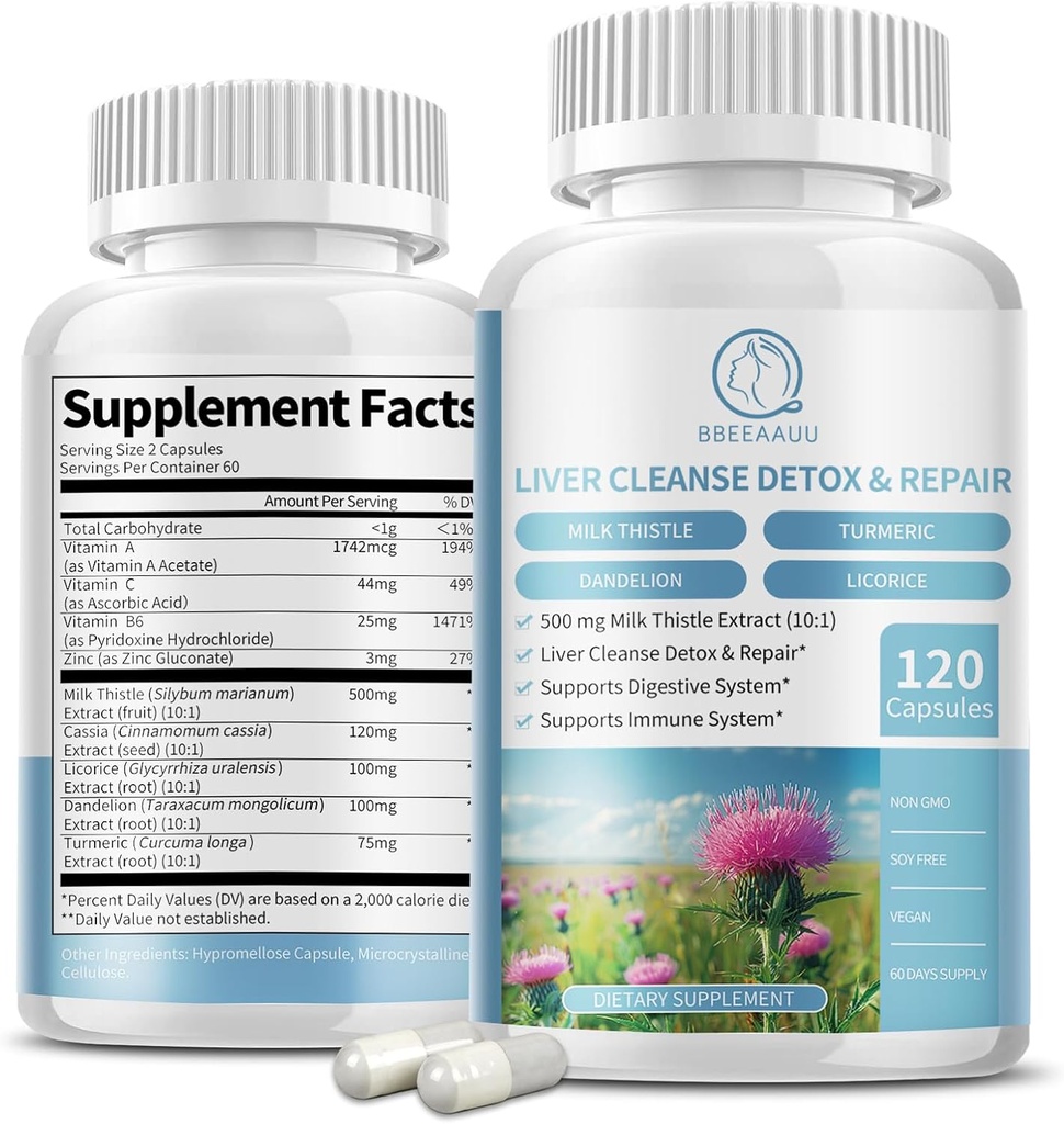 Milk Thistle dopolnilne kapsule, Jetrna formula za zdravje, z Dandelion Root, 10:1 ekstrakt, za podporo za čiščenje jeter, Prebavni in imunski sistem, 120 Veggie Caps