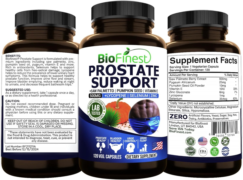 BioFinet Prostate Podpora za moške - Saw Palmetto Lycopene Bučna semena Pygeum Cinkov selen - Zdrav urin pretok Bladder Prostate Vitamin dodatek - Izdelano v ZDA (120 Veg. kapsula)
