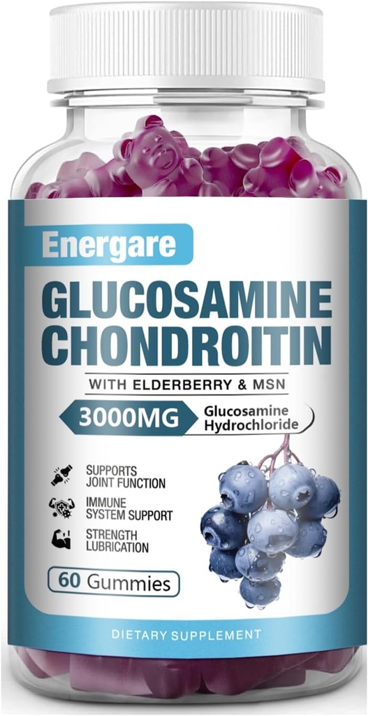 1 Pack 3000mg Glukozamin Chondroitin z MSM Gumies & Elderberry, Dodatna moč Skupna podpora Zdravje, Fleksibilnost, Antioksidant, Imunski dodatek Gummy za odrasle, moški in ženske 60 Število