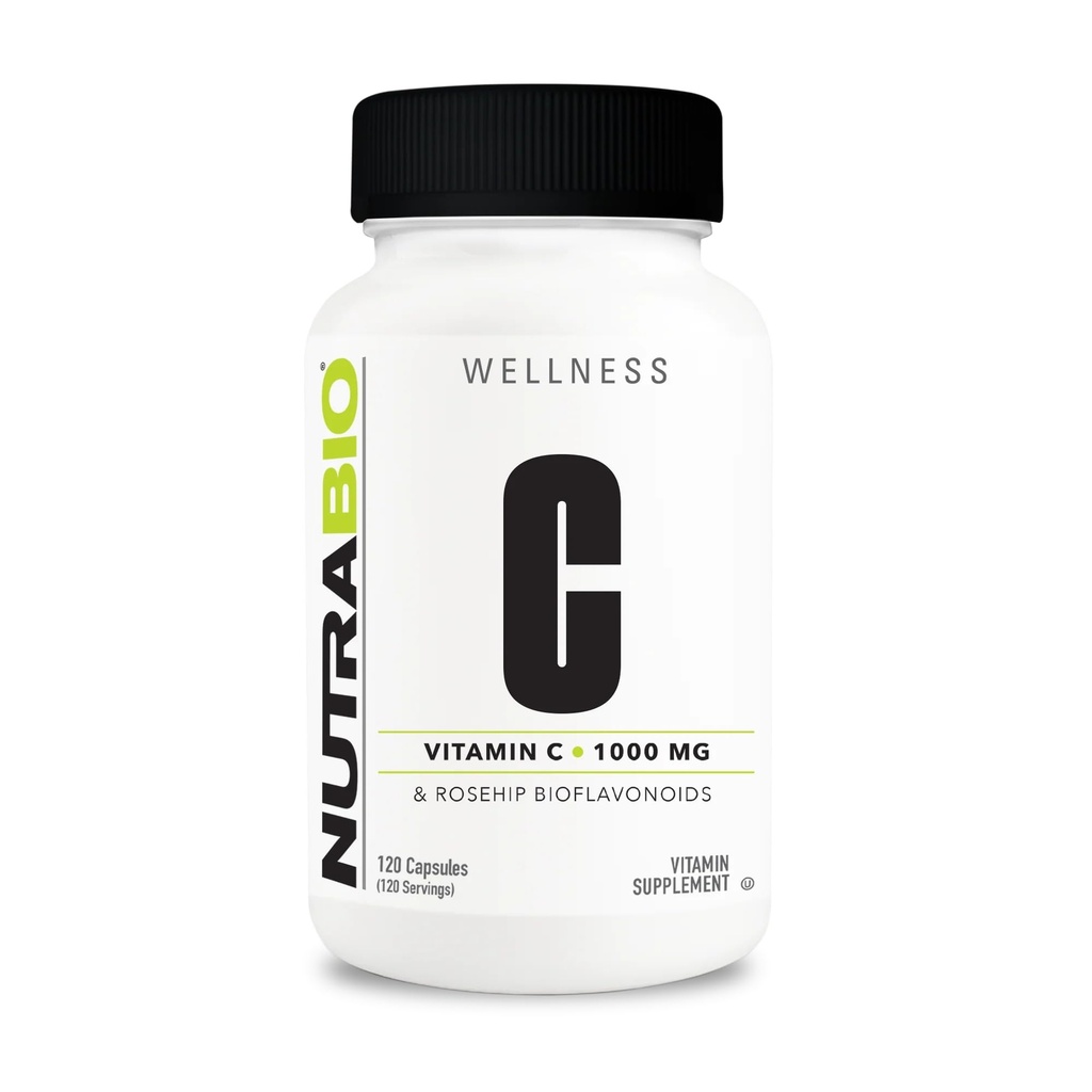 NutraBio Vitamin C z Rose HIPS - podpira zdrave kosti, zobe in žvečilne gumije, imunske funkcije - brez polnil ali pomožnih snovi - (120 kapsul, 1000 mg vitamina C na kapsulo)