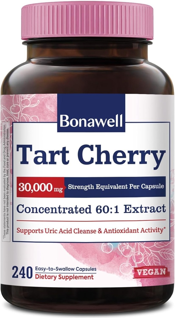 Bonawell Tart Cherry 60:1 Extract, 30000mg Jakost, izdelana iz Montmorency Tart Češnje, močno čiščenje sečne kisline, 8 Mesec dobave, 240 Kapsula