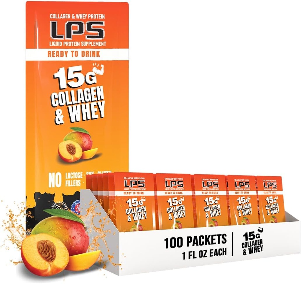 Nutritional Designs LPS Liquid Collagen & Whey Protein Supplement - Ne-GMO Drink, Sugar-free - spodbuja zdravo kožo in lase za moške in ženske, Peach Mango, Samski serv (100 paketov)