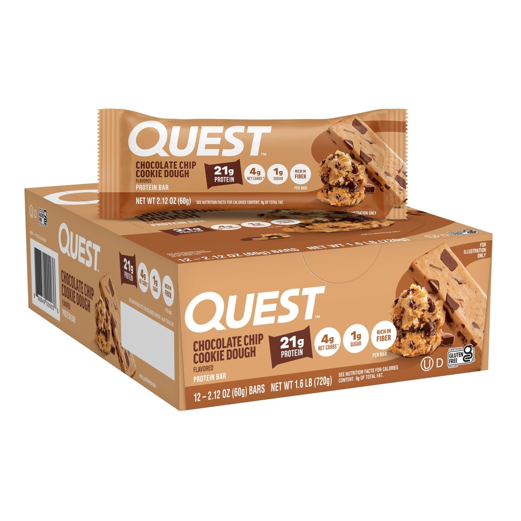 Quest Nutrition Chocolate Chip Cookie Dough Protein Bars, Visoke beljakovine, Nizki ogljikovi hidrati, Brez glutena, Keto prijazno, 12 Count