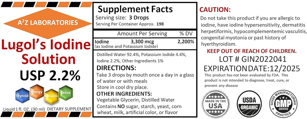 Generic A2Z Organic Lugol's Jodine in kalijev jodid 2,0% raztopina, 1 Fl Oz - Tekoči dodatki za podporo ščitnici, Detox, Presnova, Izdelano v ZDA