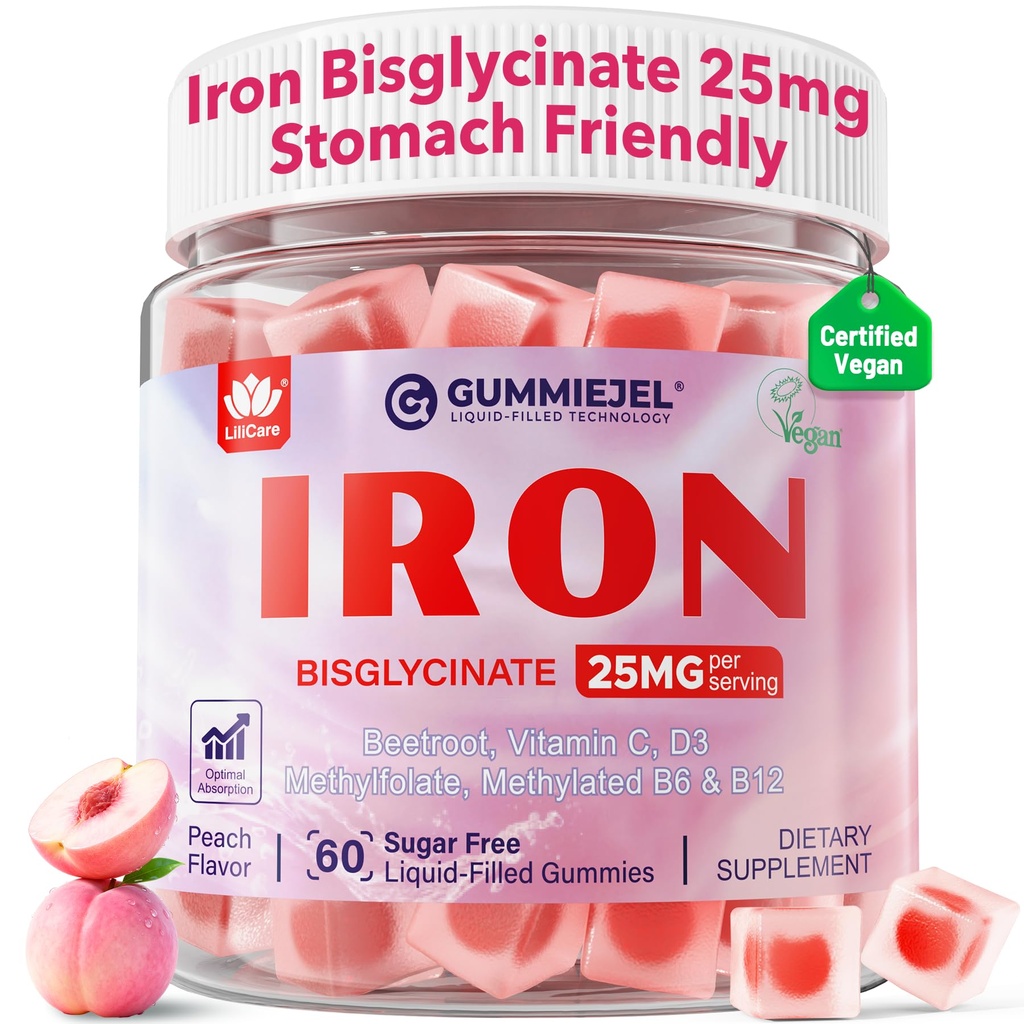 Železove žvečilke za ženske 25mg Plus Vitamin C, korenina sladkorne pese, vitamin B12, Folat za pomanjkanje železa, anemija, energijska okrepitev, dodatek brez sladkorja, nezagotavljanje, Ne po okusu, 60 Cts