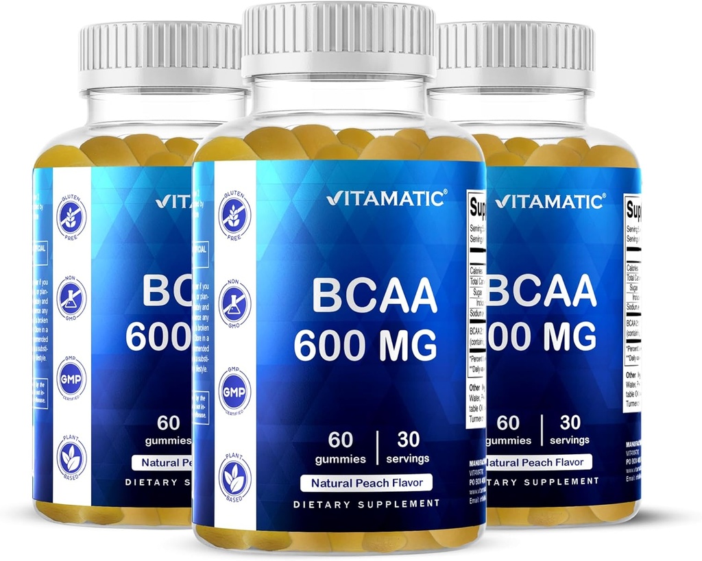 Vitamatska BCAA Gumies - Vejevna veriga Aminokisline dopolnila - breskova aroma - 600mg na serviranje - 60 veganskih gumijev na osnovi pektina (3 steklenice)