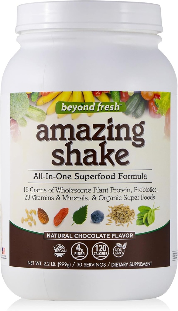 Poleg sveže neverjetne Shake, Superfood Formula, Rastlinske beljakovine na osnovi, Nizki neto ogljikovi hidrati, Beljakovine, Nadomestek obroka, Naravna čokoladna aroma, 999 Grams, Bela