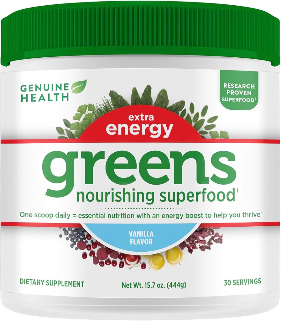 Pristno zdravje Zeleni + ekstra energetika Superfood Powder, Zagotavlja takojšnjo energetsko okrepitev in podpira Gut Health, Vanilla arome, 30 Serving