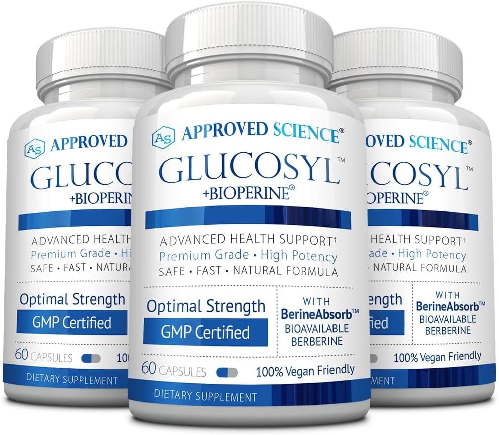 Odobreni dodatek za znanost Glukozil - 250 mg berberina, mulberryja, aqueous cinamon - 60 veganskih kapsul - pakiranje po 3