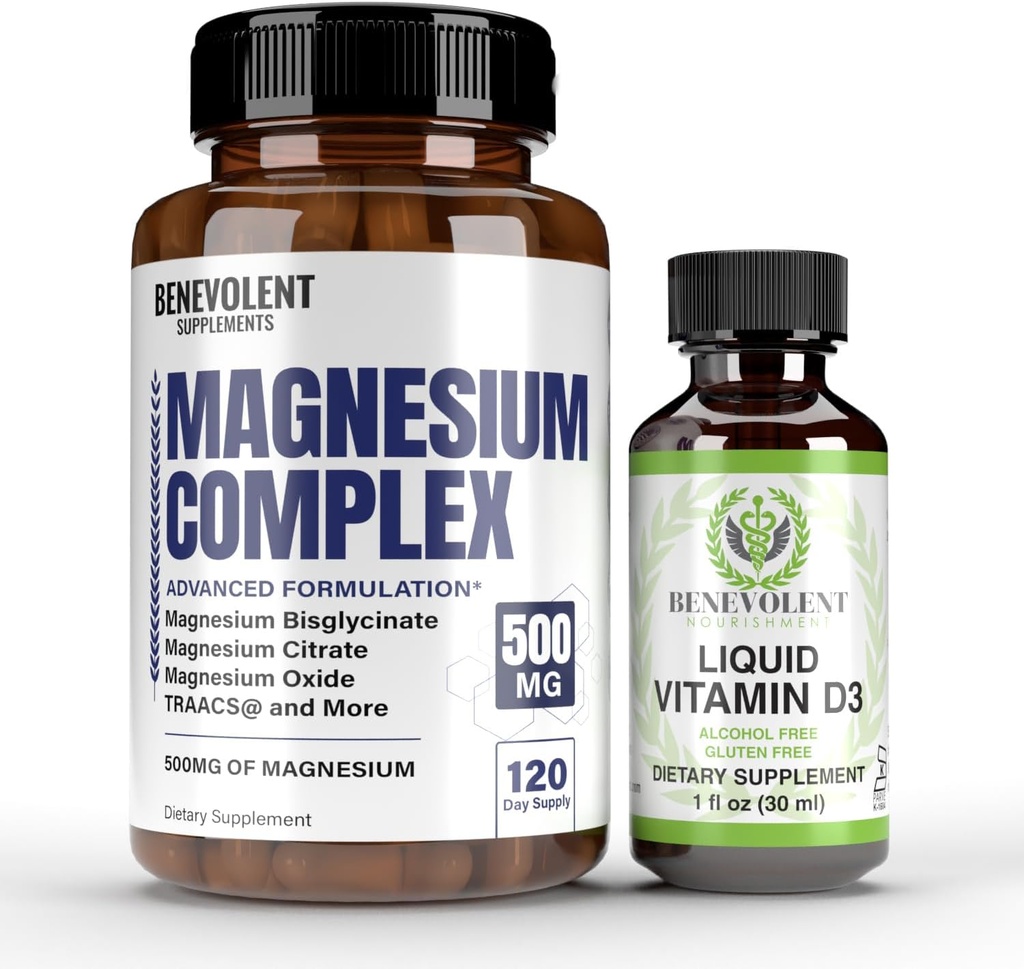 Magnezijev kompleks s 5 najboljšimi oblikami in tekočim vitaminom D3 5000 i.e. paket - 4 mesece dobava 500mg magnezijevega glicinata, oksida, taurata, kelata, magnezijevega citrata - spanje in imunske podpore