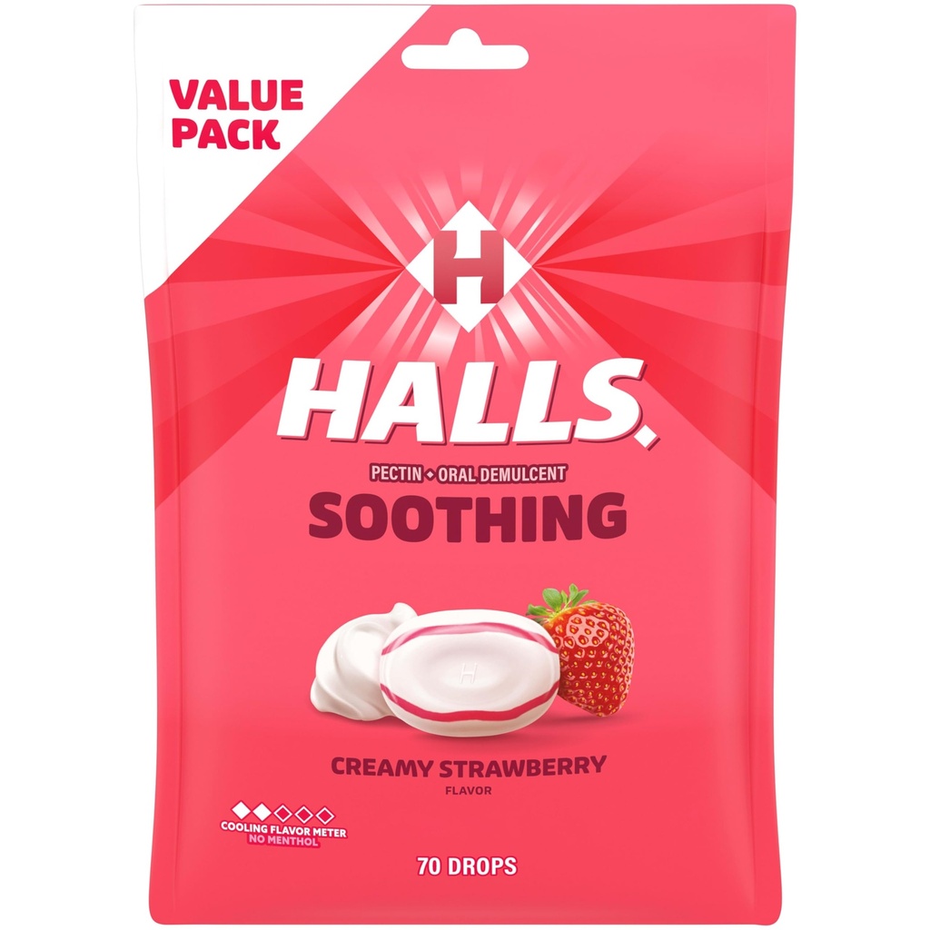 USTREZNO Umirjanje žrela (prej HALLS Breezers) Kremasto Jagodno grlo kapljice, Economy Pack, 70 kapljic