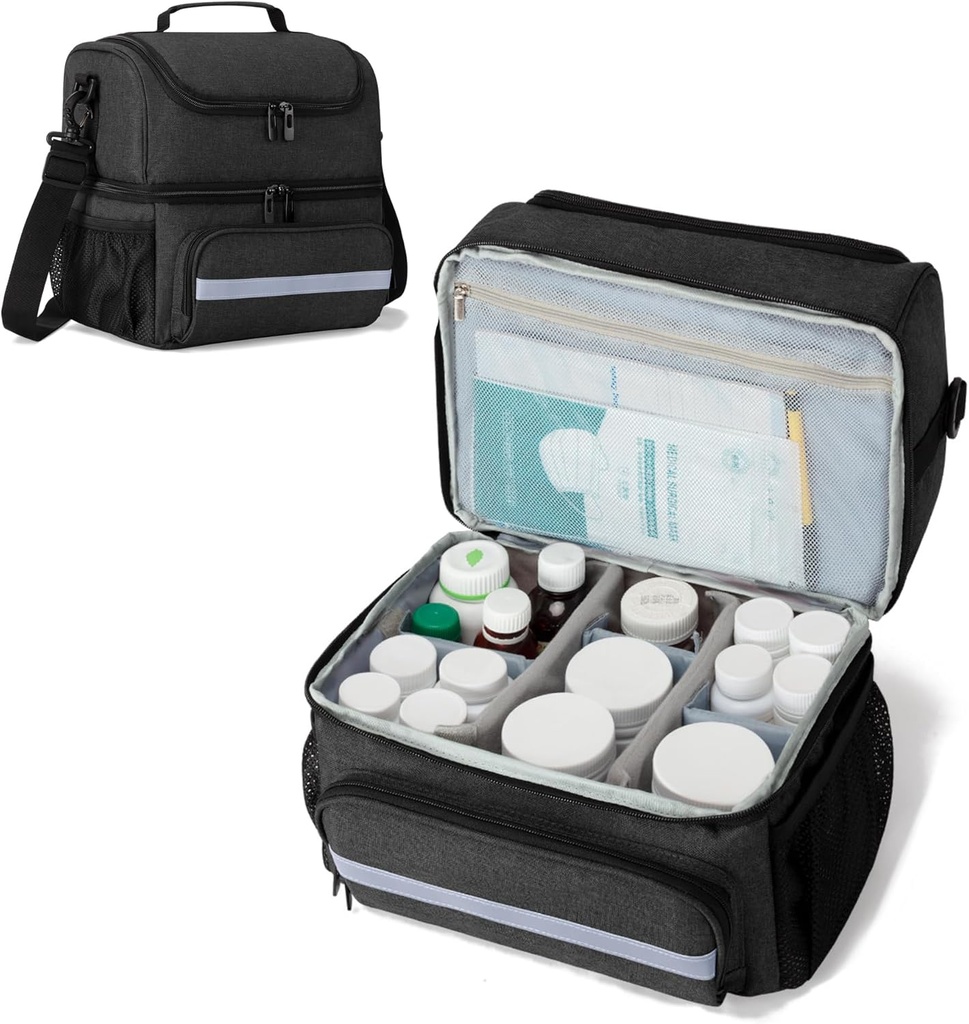 CURMIO Medicine shranjevanje vrečka, tablete tablete tablete Organizator z notranjimi deli za zdravila, vitamini, Predpisovanje steklenic, medicinske potrebščine, črna (Patent Design)