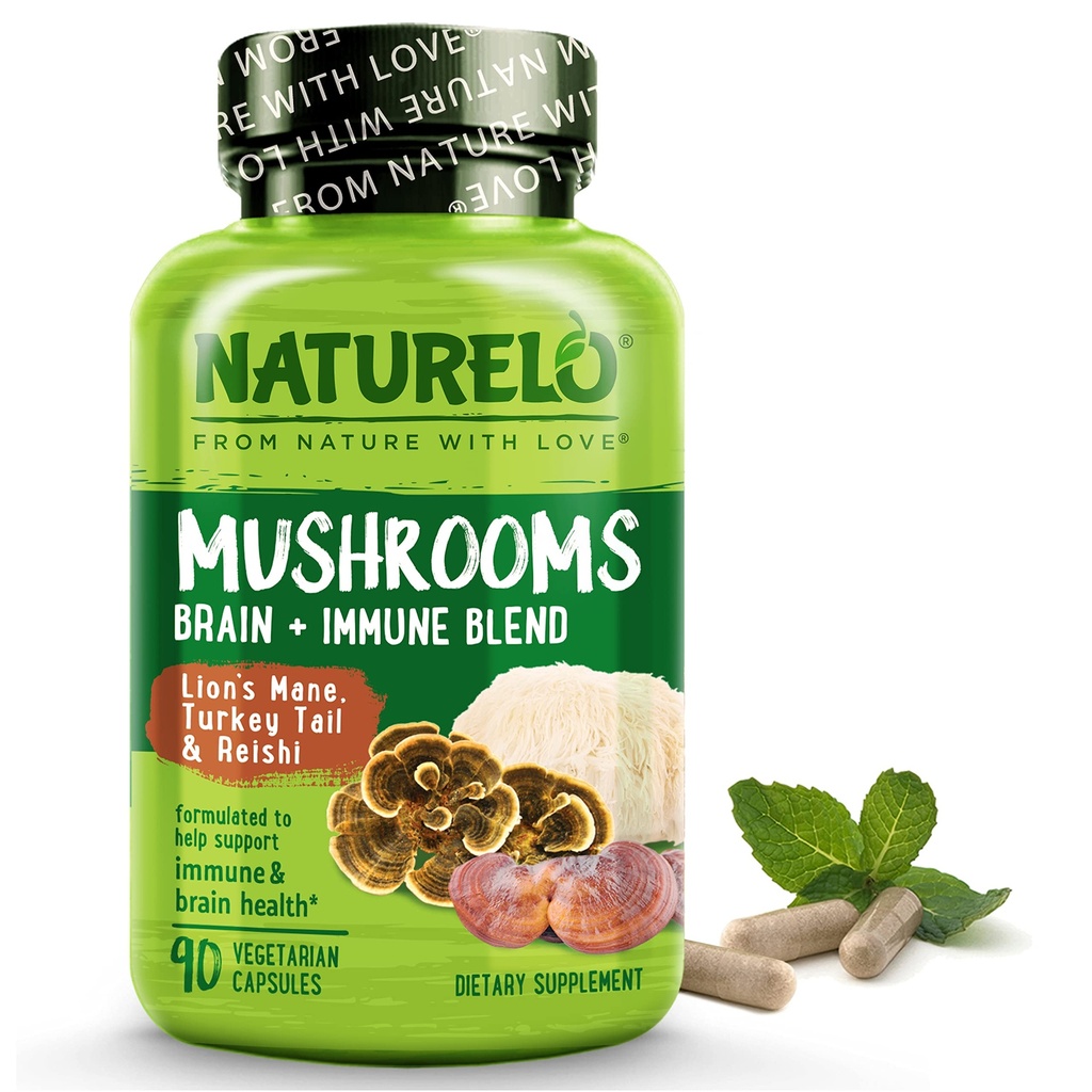 NATURELO Gobe dopolnilo Brain & Immune Health Mešanica z Lion s Mane, Reishi, Turčija Tail 90 Vegansko prijazno kapsule