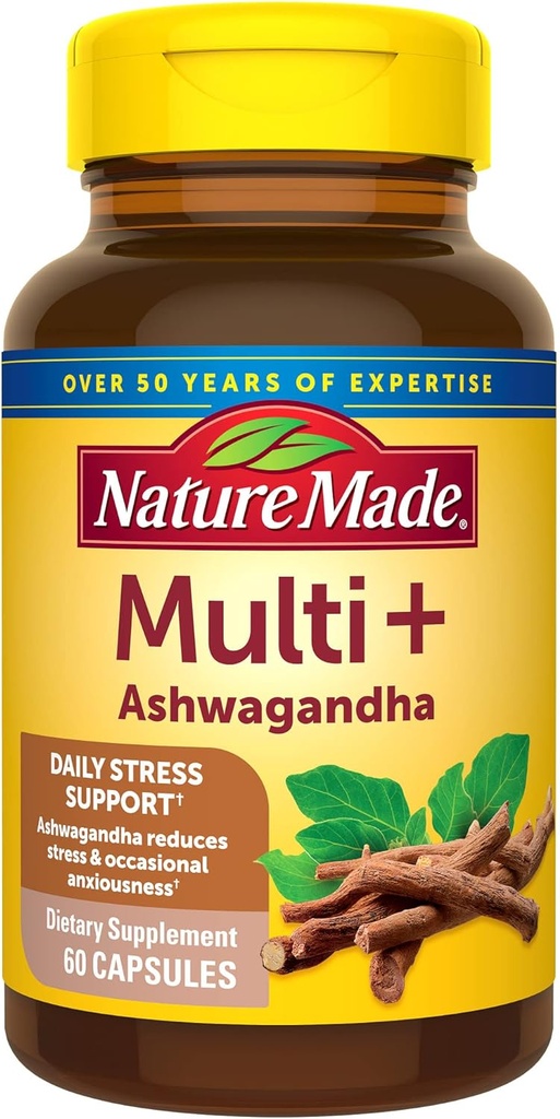 Narava Made Multi + Ashwagandha, Multivitaminski za ženske in moške za dnevno podporo stresu, Multivitaminski za moške in ženske, Moški in ženske Vitamini, 60 Kapsule, Brown