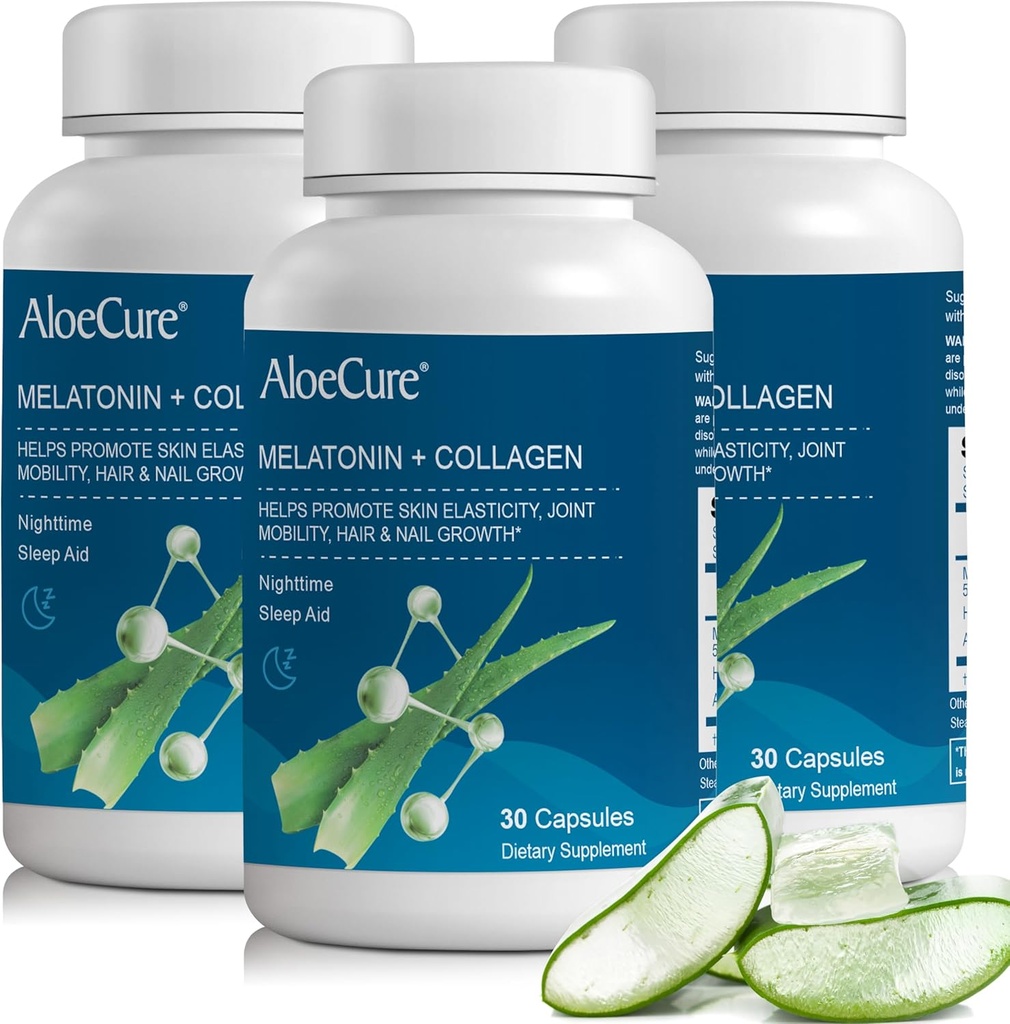 AloeCure Natural Melatonin + Kolagen z organsko Aloe Vera - Naravni dodatek za pomoč pri spanju za mirne noči - Kolagen kompleks za skupno moč, elastičnost kože, rast las in nohtov, 30 kapsul