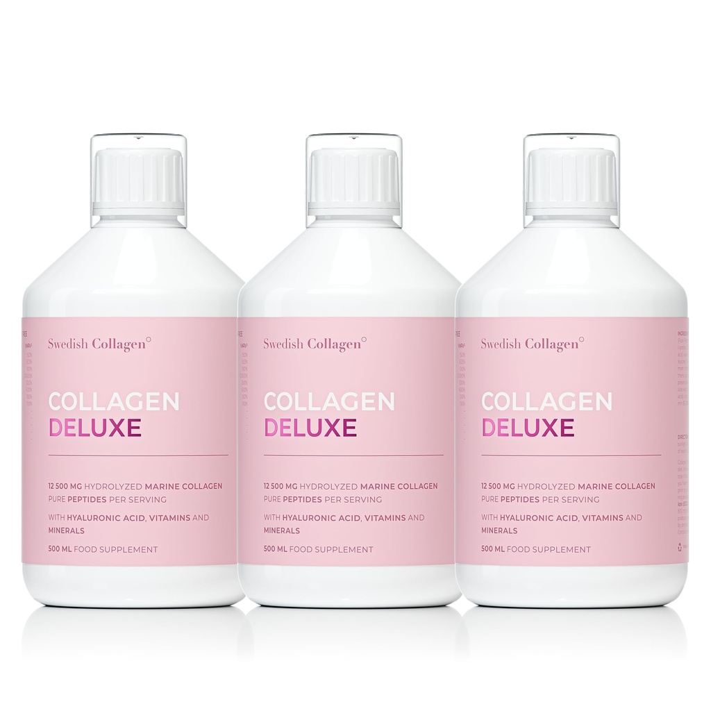 Colagen Deluxe 500ml x 3 I 8 teden paket I 12500 mg morski kolagen (tip I & III) I hialuronska kislina, biotin, vitamin C I brez sladkorja - 8 tednov dobava