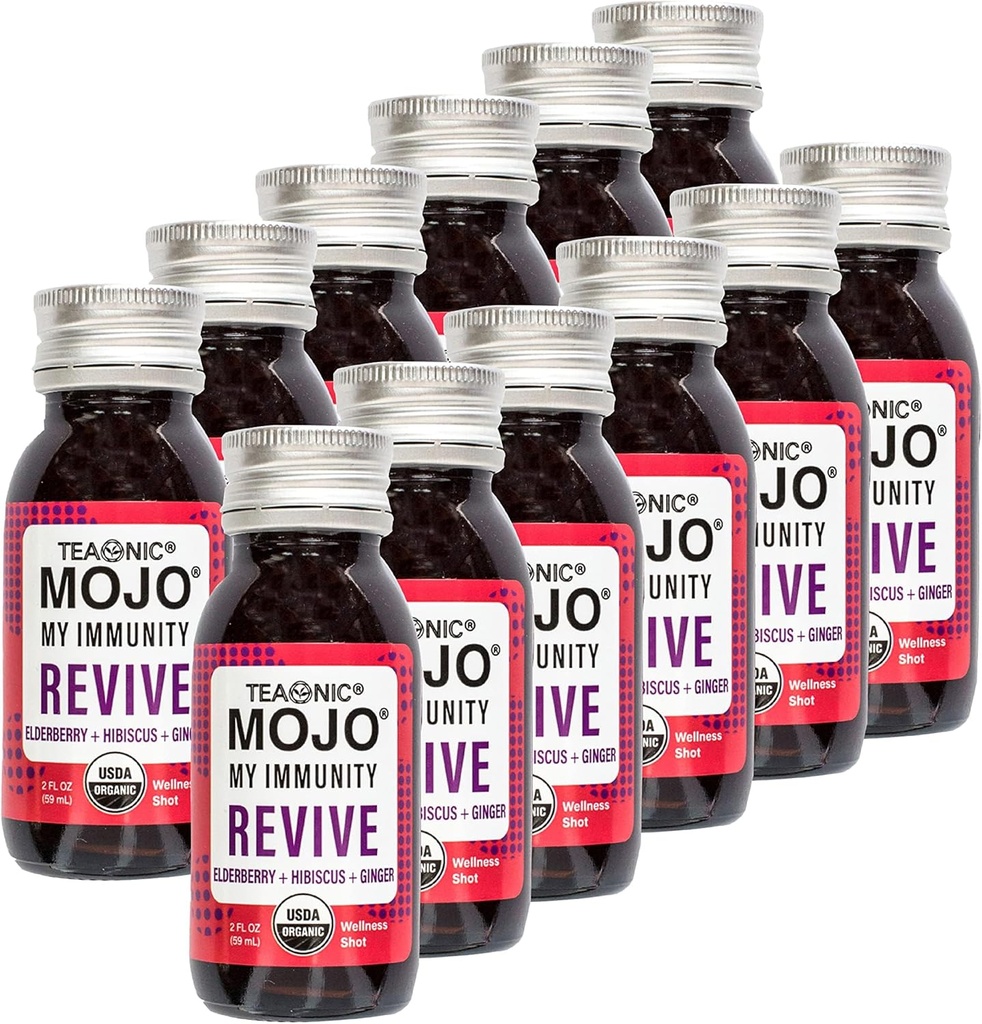 TEAONSKA Moja imuniteta Mojo: Revive, Zeliščni sok, Zeliščni dodatek z Bezgove jagode, Hibiscus, in Ginger, USDA-Certified Organic, Vegan, Gluten-free, 12 Packs, 2 Fl. Oz vsak