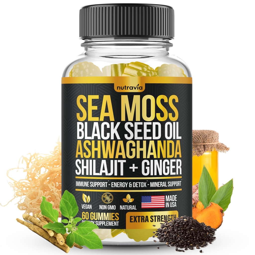 Sea Moss, Black Seed Oil, Ashwagandha, Ginger, Shilajit Gummies z Elderberry, Klorofil, Turmeric Bladderwrack Sea Moss Gummies Napredno moč Formula - Vse v 1 Bundle - ZDA Made (60 Gummies)