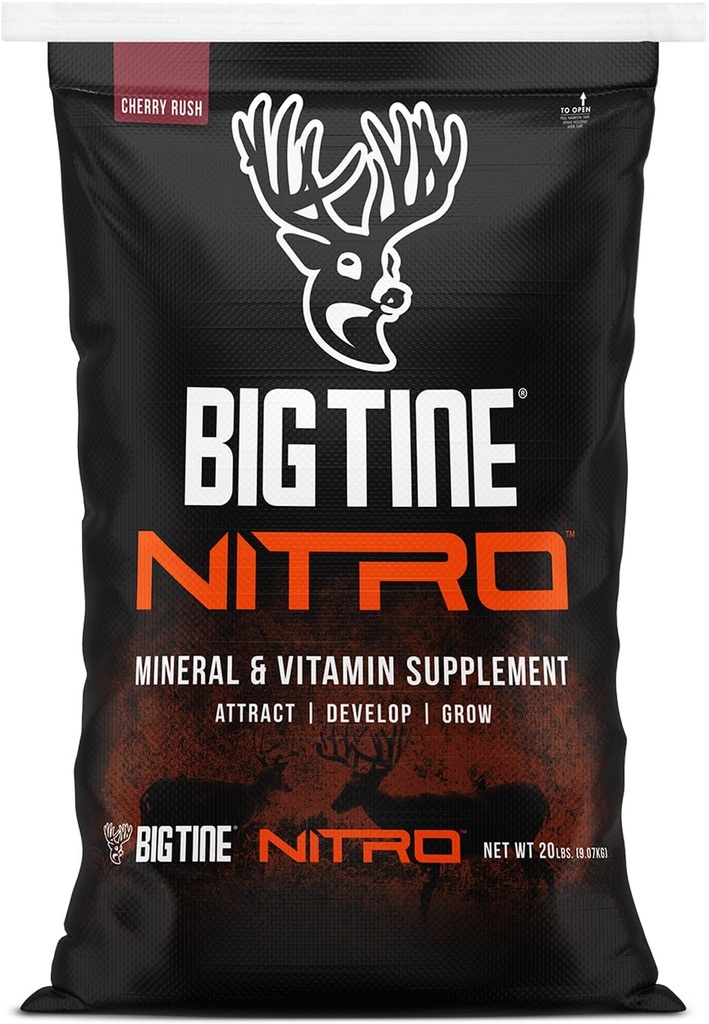 Big Tine Nitro, Deer Supplement, 20 funtov vrečka, Cherry Rush Vonj, močan in dolgotrajen vonj, visoka biološka razpoložljivost, pakirana z vitamini in minerali