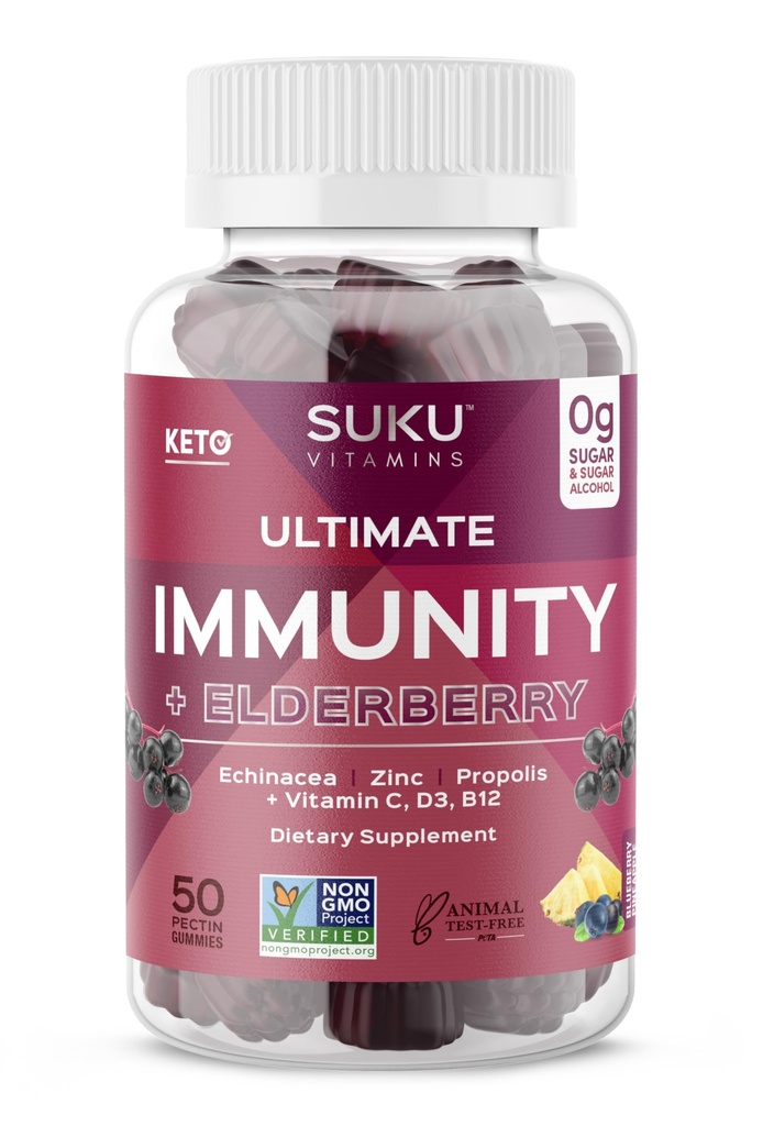 Vitamini SUKU - Ultimate Immunity - Elderberry Echinacea in Propolis Gummies za imuno podporo, enostaven za žvečenje - ne GSO, Gluten Sugar - Granatna limete Okusni Gummy Vitamini, 50 Število
