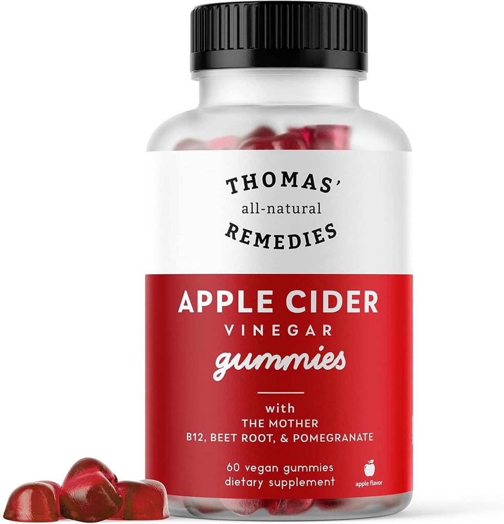 Thomasove vse naravne Remedies Apple Cider kis Gummies z mamo, ACV Gummies 1000mg, Beet Root, Granatno jabolko, B9 & B12 Vitamini Gumies, želatina-free, Gluten-free, Vegan & Non-GMO (60 Count)