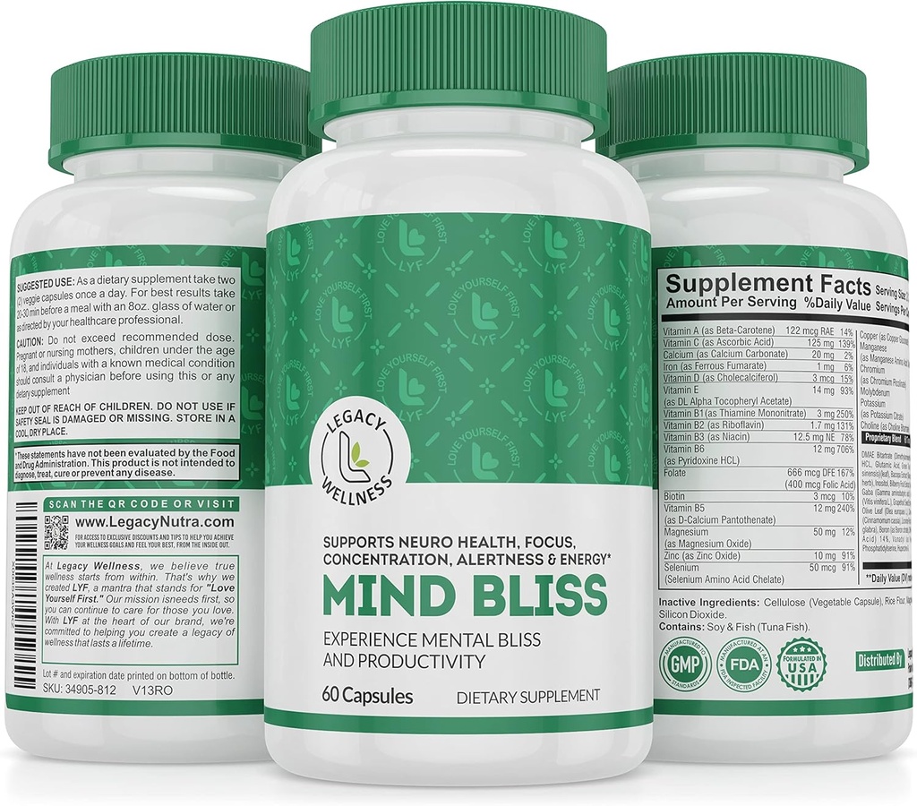 Mind Bliss Brain Supplement: 40-sestavine spomin, Fokus & Jasno vitamini, Energy Boost & Nootropic Support with DMAE, 60 tablete
