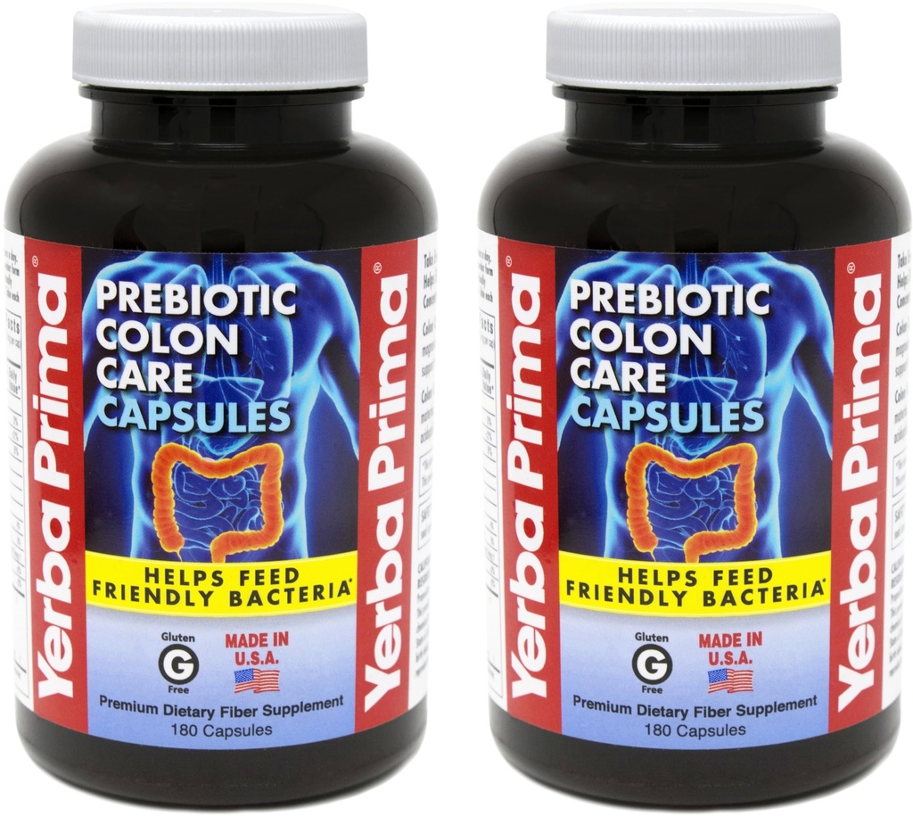 Yerba Prima Prebiotične kapsule Colon Care Dietary Fiber, 180 Štetje, (Pack of 2) - Pet oblik Fiber Plus FOS Prebiotiki dodatek - Topen in netopen za rednost in prebavna podpora