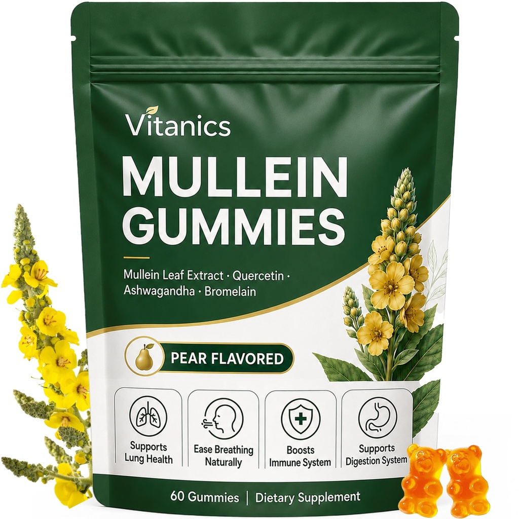 Mullein Gummies, Daily Respiratory Health Gummies,1000mg Mullein Leaf zelišče ekstrakt, Pear Flavor, Lung Health & Sinus Relief (30 dnevna dobava)