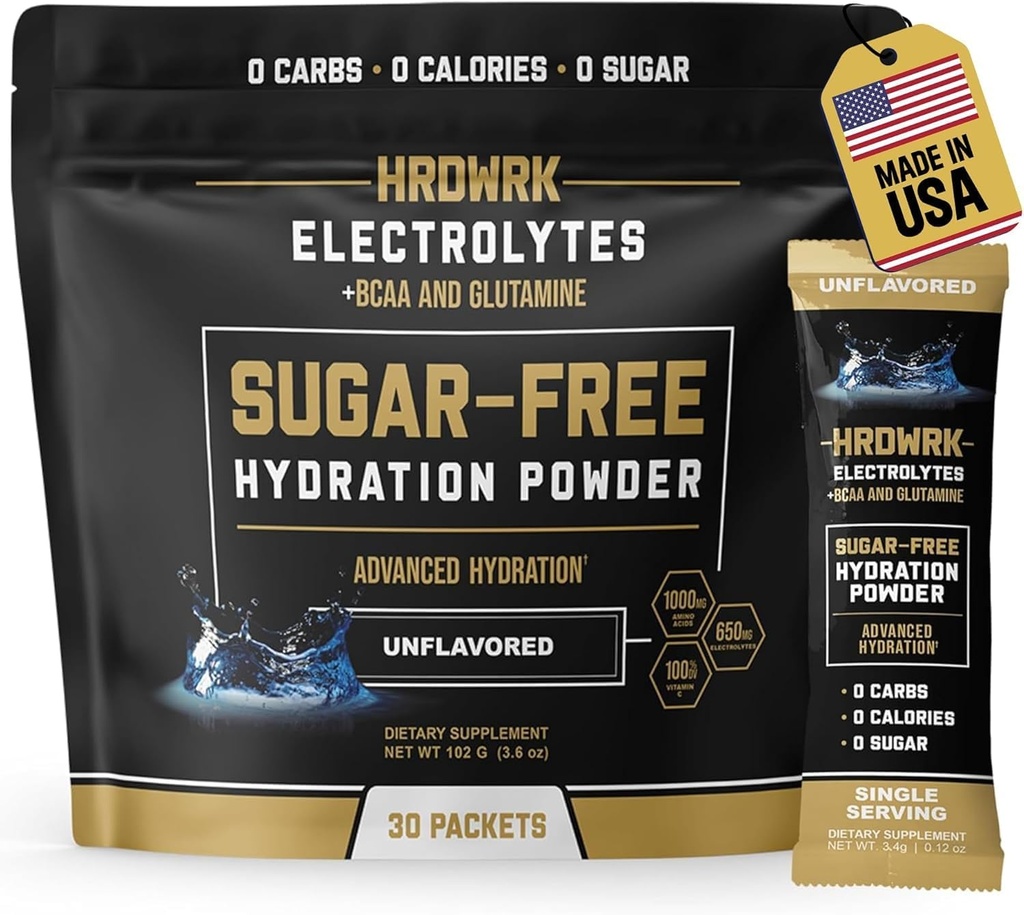 HRDWRK Elektrolitski paketi v prahu z magnezijem, kalijevim natrijem, Keto Hydration Packets - BCAA Electrolyte Powder Packets z glutaminom, 30 Elektrolitis Powder Packets Sladkor brez arome