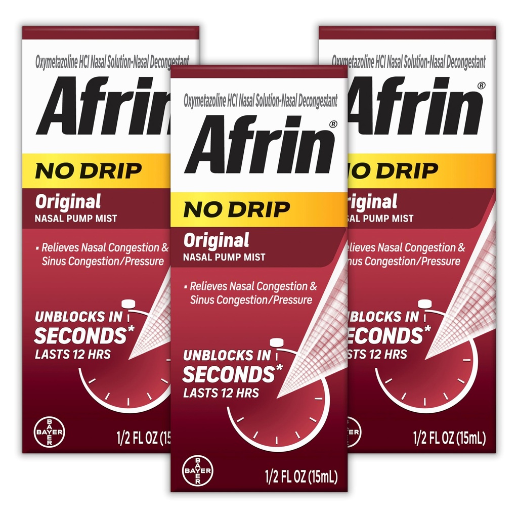 AFRIN No Drip Original Nasal Mist Triple Pack, Neumiren, hitro deluje dekongestiv za nos prezasedenost in Sinus tlaka, Odrasli in otroci 6 in starejši, .5 fl oz (Pack 3)