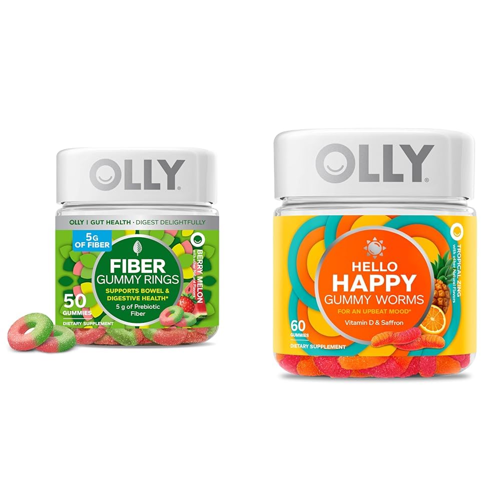 OLY Fiber Gummy obroči, 5g Prebiotične Fiber, FOS (Fructo-oligosaharidi), Prebavna podpora & Pozdravljeni Happy Gummy Worms, Mood Balance Podpora, Vitamin D, Saffron, Odrasli Žvečljivi dodatek