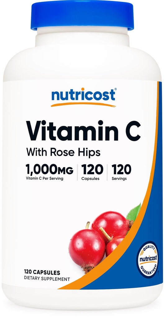 Nutricost Vitamin C z Rose HIPS 1025mg, 120 Kapsule - Vitamin C 1000mg, Rose HIPS 25mg, Premium, Non-GMO, Gluten brezplačno dodatek