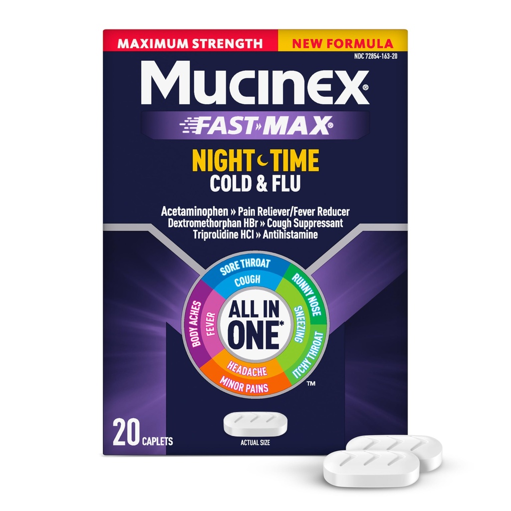 Mucinex nočni izmeni Cold & Flu, maksimalna moč močan multi-simptom nočni olajšava, 20 hitro izpust kape - bolečina Reliever / Fever Reducer, Cough Supressant, Antihistaminik