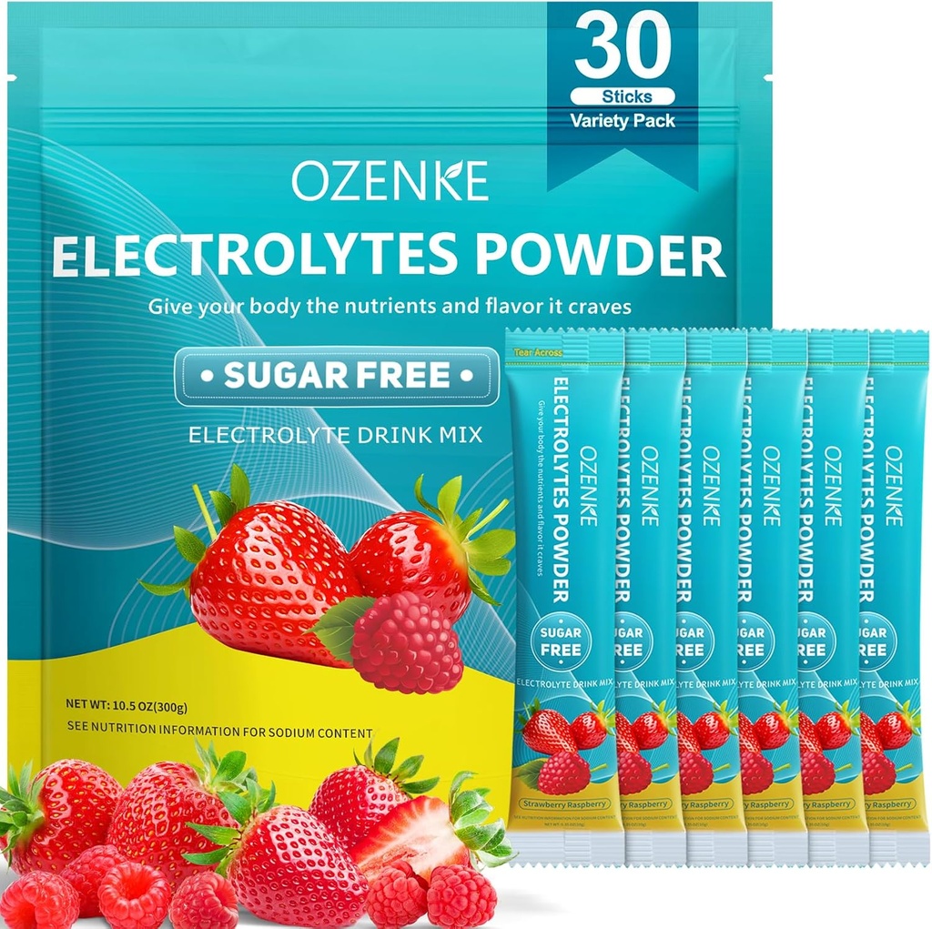 Elektrolitski paketi v prahu, 30 palčk Hydration Packets Sugar Free, Elektrolitsko pijačo Mix Prenosni Elektrolitski paketi za hitro hidracijo, 0 Sladkor & 0 Calorie, Jagoda in malina aroma