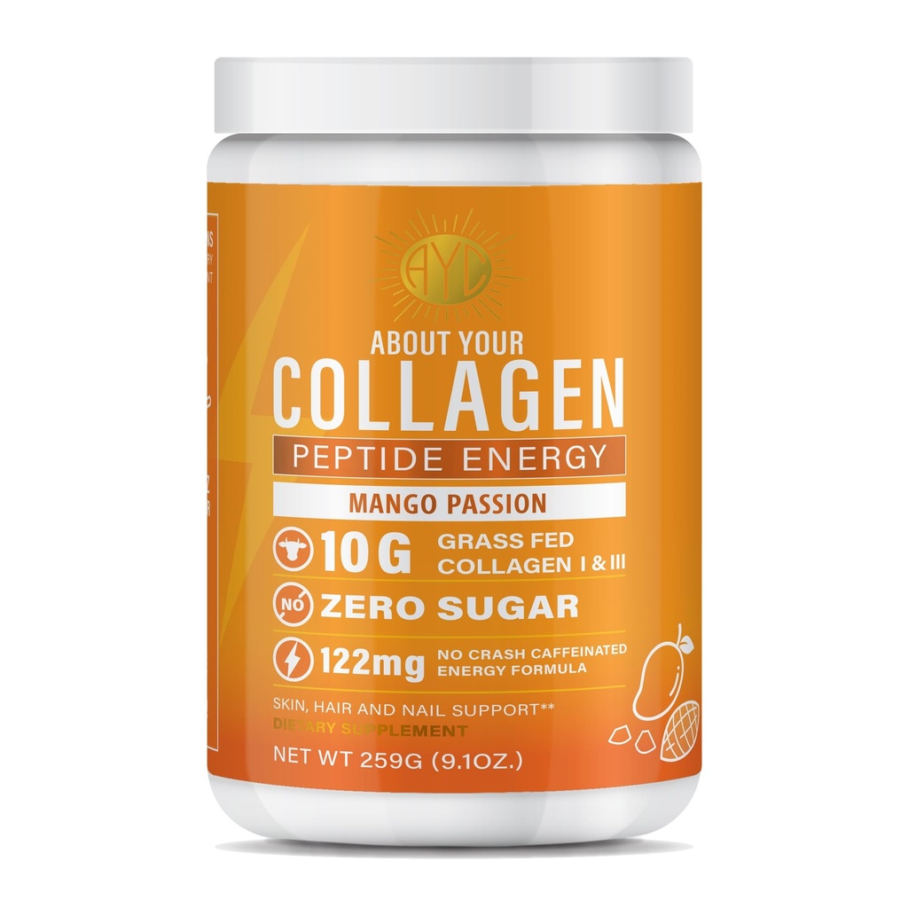 Peptide Energy kolagen v prahu lasje, nohti, koža, tip I & III, kofein za energijo, vitamin C, biotin, hialuronska kislina, nič sladkor – 8.92 oz (Mangov pasijon)