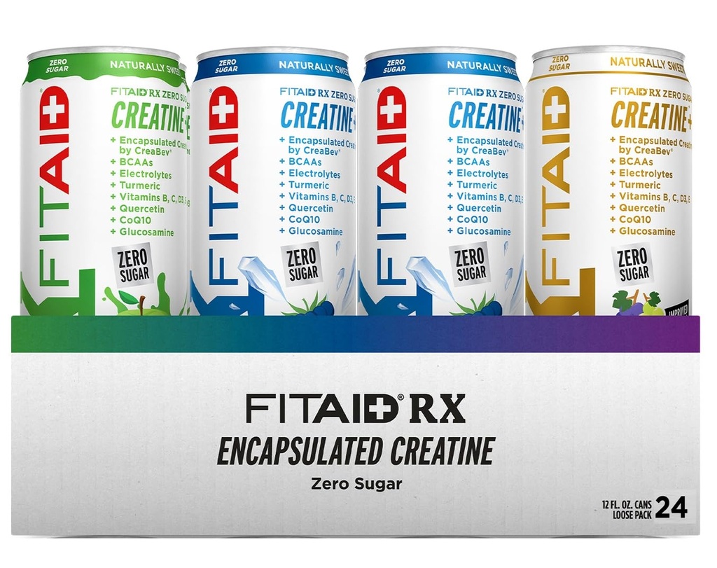 FITAID RX Zero Sugar, Inkapsulirani Kreatin, Vadbeni regeneracijski napitek, Vse-v-ena mešanica, BCAA, Glukozamin, Kurkuma, B-kompleks, Elektroliti, Variety Pack, 12 Fl Oz (paket 24)