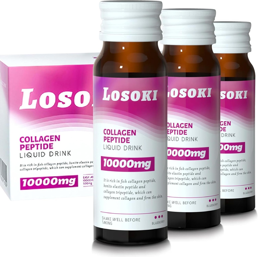 Losoki Liquid Collagen Peptide Drink - 10000mg Hidrolizirano Marine Collagen Peptides z vitaminom C, Premium mešanica, spodbujanje zdrave lase kože nohti kosti, (1 Box, 10 steklenice)