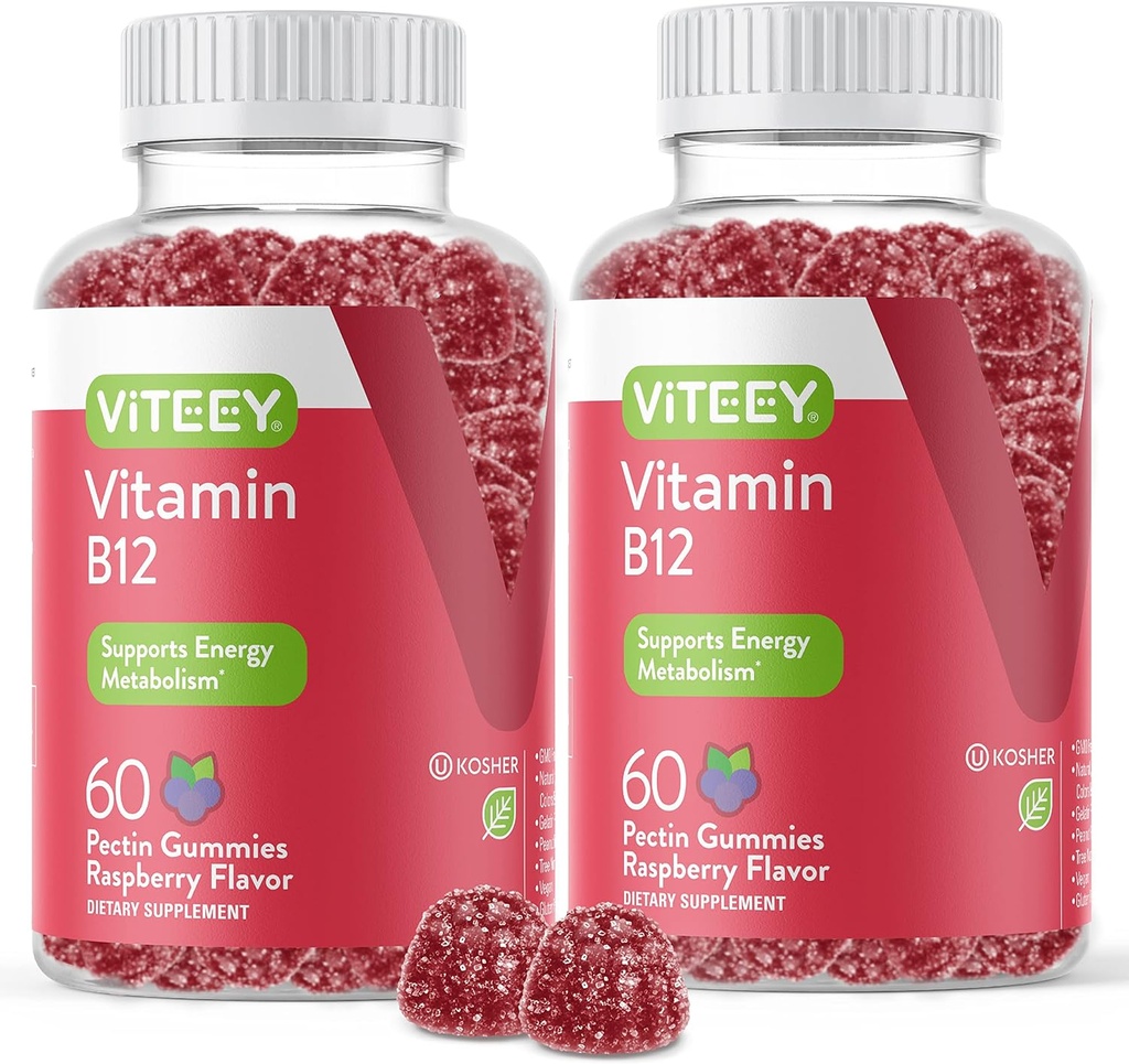 VITEEY Vitamin B12 Gummies - Kognitivna podpora in energetske Gummies - Vegan, želatina brezplačno, Gluten brezplačno - 60 Število